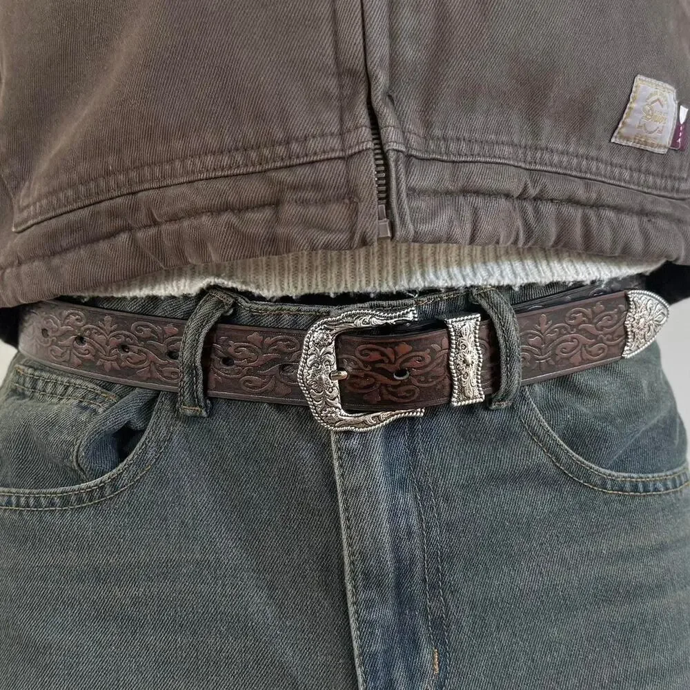 y2k style engraved brown american western design belt